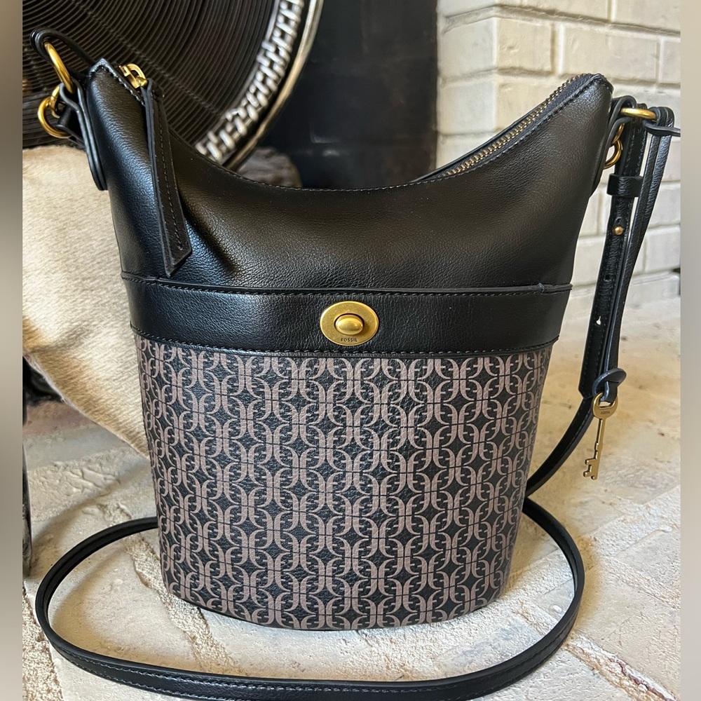 Fossil Talulla Hobo Black and Tan PVC Shoulder Crossbody Bag